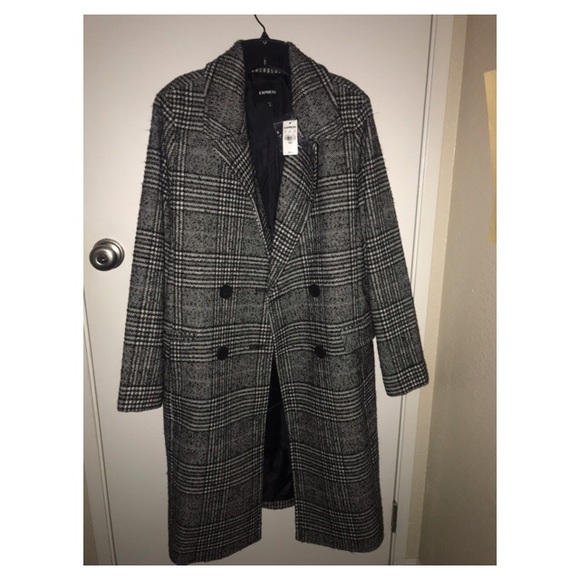 Express Wool Houndstooth Black White Long Coat - Picture 2 of 6